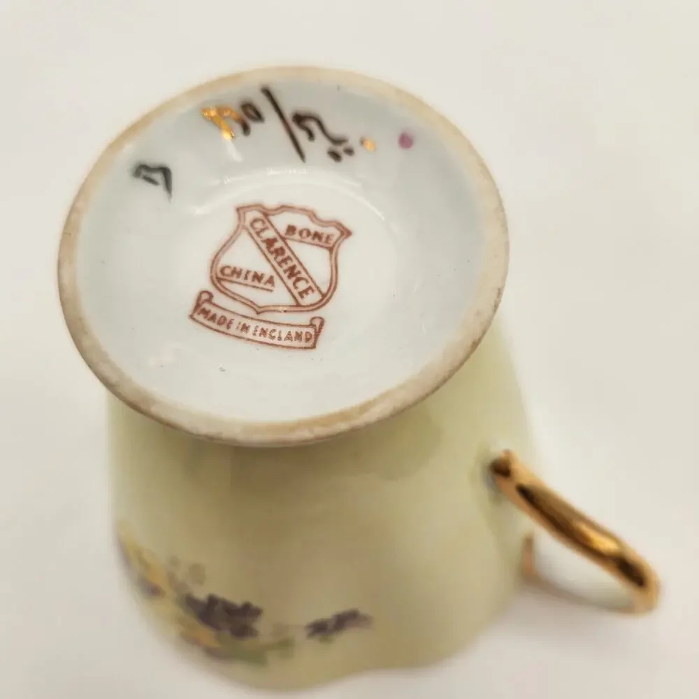 Footed Teacup & Saucer Clarence Bone China England Purple &‎ Yellow Violets Gold